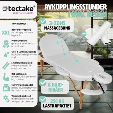 tectake 3-zons oval massagebänk med 5 cm stoppning, kuddar och träram - vit