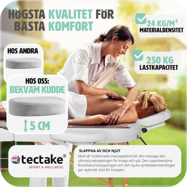 tectake 3-zons oval massagebänk med 5 cm stoppning, kuddar och träram - vit
