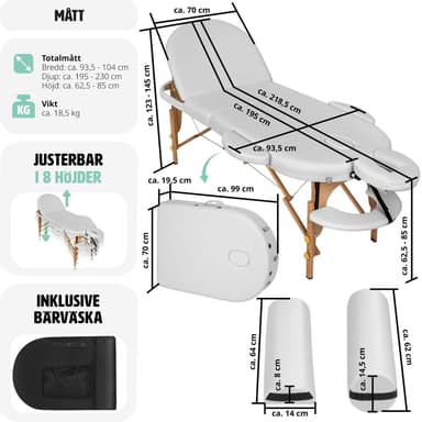 tectake 3-zons oval massagebänk med 5 cm stoppning, kuddar och träram - vit