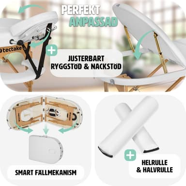 tectake 3-zons oval massagebänk med 5 cm stoppning, kuddar och träram - vit