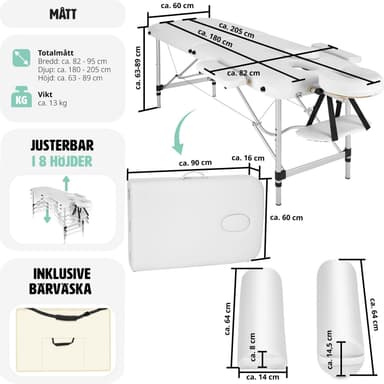 tectake Massagebänk med 2 zoner - Inkluderar Bolster, bärväska och avtagbara huvud- och armkuddar - vit