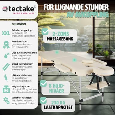 tectake 2-zons massagebänk med stoppning och aluminiumram +bärväska - beige