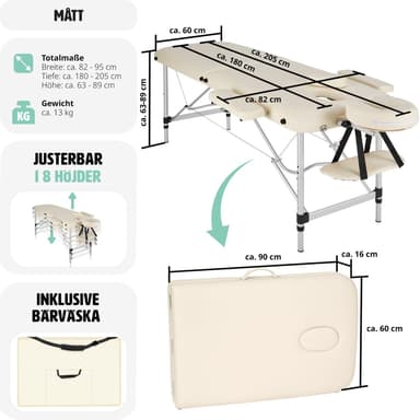 tectake 2-zons massagebänk med stoppning och aluminiumram +bärväska - beige