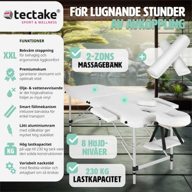 tectake Massagebänk med 2 zoner - Inkluderar Bolster, bärväska och avtagbara huvud- och armkuddar - vit