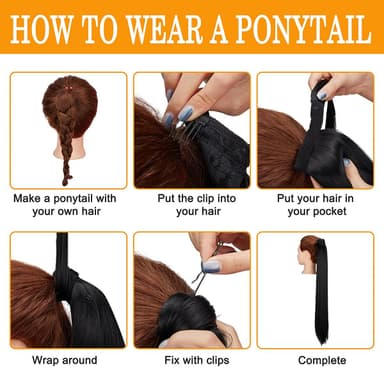 Clip-on ponytail extensions hästsvans rak Svart
