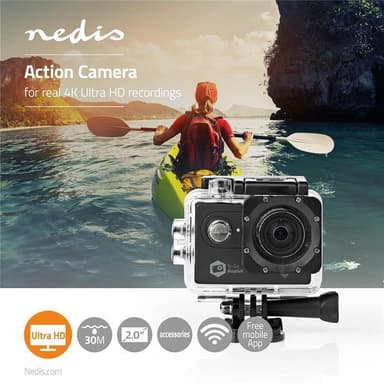Nedis Action Kamera | Enkel Skärm | 4K@60fps | 16 MPixel | Vattentät upp till: 30.0 m | 90 min | Wi-Fi | App tillgänglig för: Android™ / IOS | Fästen ingår | Svart