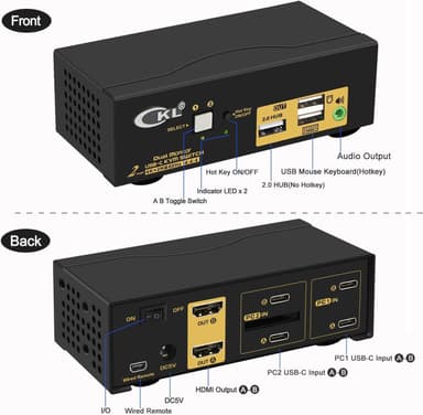 NÖRDIC KVM Switch 2 till 2 USB-C till HDMI 4K 60Hz, 3x USB-A, 2x 3.5mm AUX