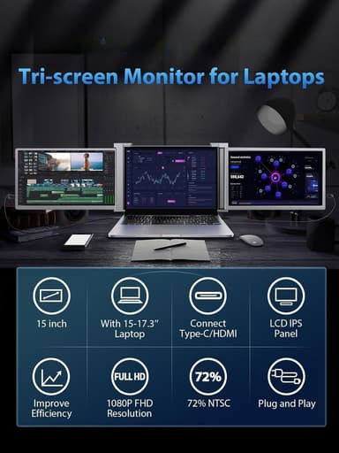 NÖRDIC Dubbla bärbara 15"" skärmar med teleskopstativ för bärbar dator 15""-17.3"", FHD 1080P IPS Plug and Play, Windows/MacOS/PS/XBOX
