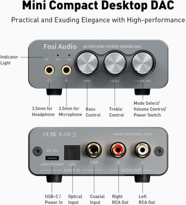 Fosi Audio K5 Pro Gaming DAC hörlursförstärkare Digital-till-Analog ljudomvandlare USB Typ C/Koaxial till RCA/Optisk/3,5MM AUX för PS5/PC/MAC/Dator