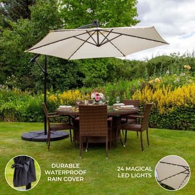 Gräddvitt 3m LED Cantilever Parasoll med Solfjäderformad Bas