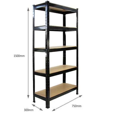 2 x T-RAX hyllenheter i svart metall 75 cm x 150 cm x 30 cm med gratis ihopkopplingsfästen