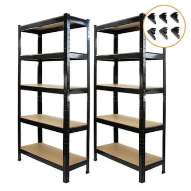 2 x T-RAX hyllenheter i svart metall 75 cm x 150 cm x 30 cm med gratis ihopkopplingsfästen