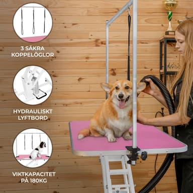 Vitt Hydrauliskt Bord för Husdjurstrimmning - Rosa Bordsyta