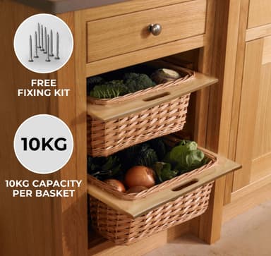 Utdragbara flätade korgar för köksförvaring + 500mm skenor i bokträ x 2