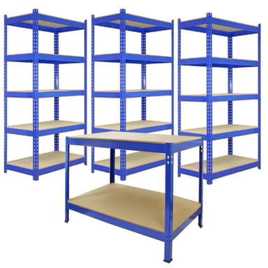 3 x 90 cm Q-Rax blå metallställ & arbetsbänk