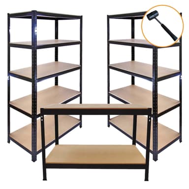 3 x 90cm T-Rax Svarta metallhyllenheter & Arbetsbänk