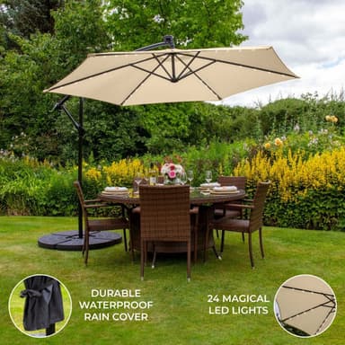 Beige 3m LED Cantilever Parasoll med Solfjäderformad Bas