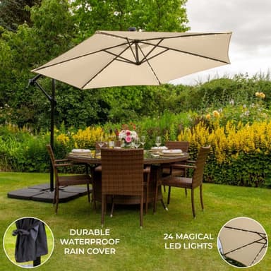 Beige 3m LED Cantilever Parasoll med Fyrkantig Bas