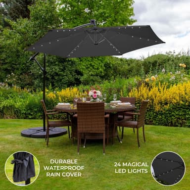 Grå 3m LED Cantilever Parasoll med Solfjäderformad Bas