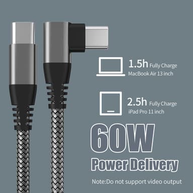 USB-C laddare med vinklad kontakt 60 W PD snabbladdning Svart 2 m