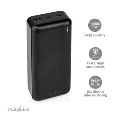 Nedis Powerbank | 32000 mAh | 2.4 / 3.0 / 3.25 A | Antal utgångar: 2 | Utgångsanslutning: 1x USB-A / 1x USB-C™ | Ingångsanslutning: 1x Micro USB / 1x USB-C™ | PD3.0 45W / PD3.0 65W | Litium-polymer