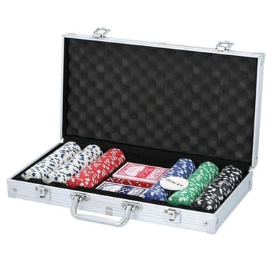 Pokerset med marker, kortlek och tärningar