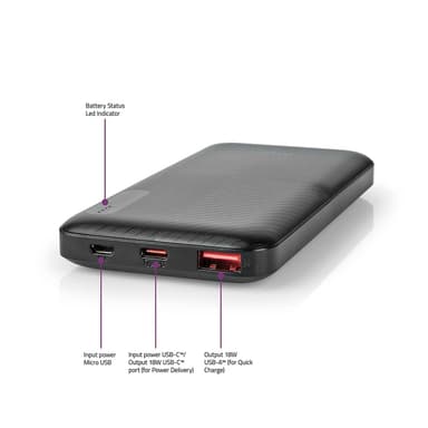 Nedis Powerbank | 10000 mAh | 1.5 / 2.0 / 3.0 A | Antal utgångar: 2 | Utgångsanslutning: 1x USB-A / 1x USB-Câ„¢ | Ingångsanslutning: 1x Micro USB / 1x USB-Câ„¢ | PD2.0 18W | Litium-polymer