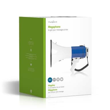 Nedis Megafon | Maximal räckvidd: 1500 m | Maximal volymkontroll: 135 dB | Avtagbar mikrofon | Inbygd siren | Axelrem | Blå / Vit