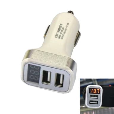 USB-billaddare med 2 USB-portar och display, Silver
