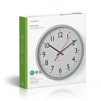 Nedis Väggklocka | Diameter: 300 mm | Plast | Silver / Vit