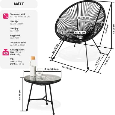 tectake 2-set Loungestol Santana med bord - svart