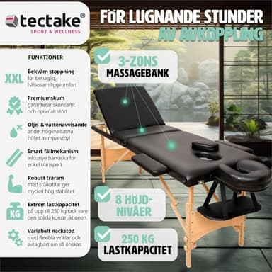 tectake 3-zons massagebänk, stoppning + väska - svart