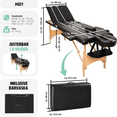 tectake 3-zons massagebänk, stoppning + väska - svart