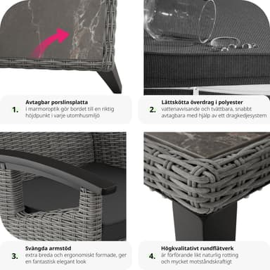 tectake Rottingbord Tarent med 4 stolar Rosarno - grå