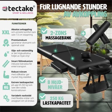 tectake 2-zons massagebänk inkl. kuddar + väska - svart