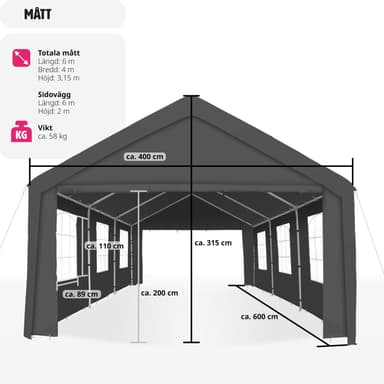 tectake Partytält 6x4m med 4 sidodelar - grå