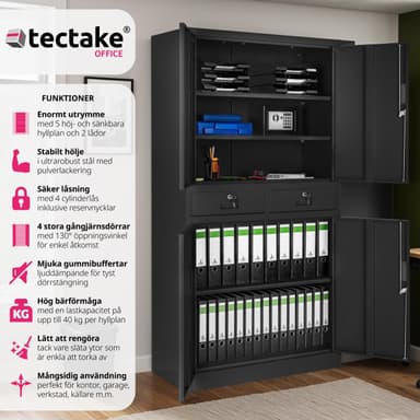 tectake Arkivskåp Cosmo med 2 dörrar 40x80x180 cm, låsbar - svart/svart