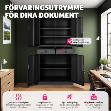 tectake Arkivskåp Cosmo med 2 dörrar 40x80x180 cm, låsbar - svart/svart