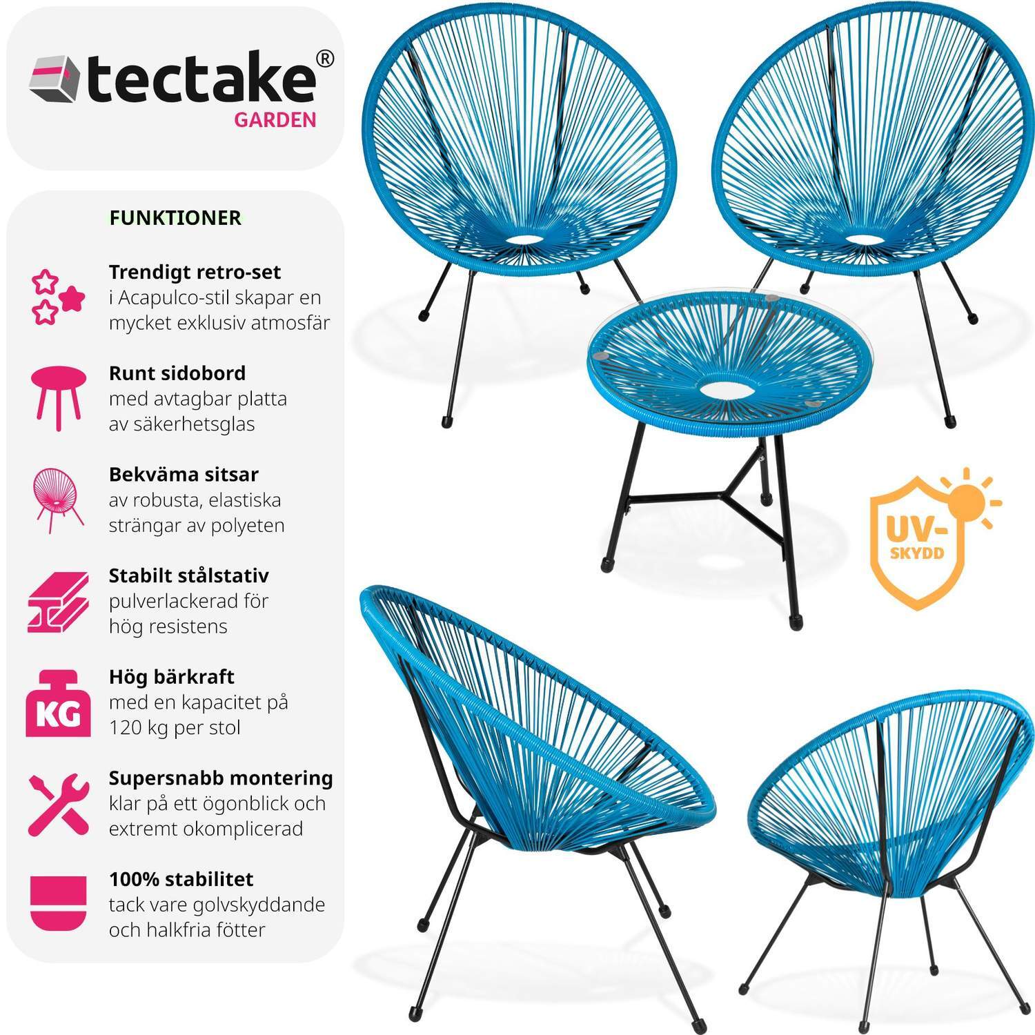 tectake 2-set Loungestol Santana med bord - blå