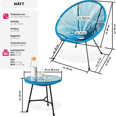 tectake 2-set Loungestol Santana med bord - blå