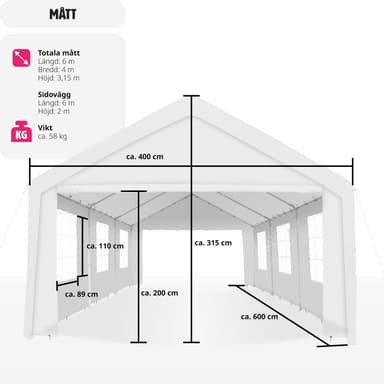 tectake Partytält 6x4m med 4 sidodelar - vit