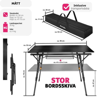 tectake Campingbord Tina i aluminium , hopfällbart, höj- och sänkbart - svart