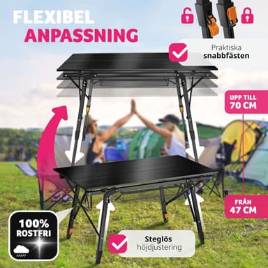tectake Campingbord Tina i aluminium , hopfällbart, höj- och sänkbart - svart