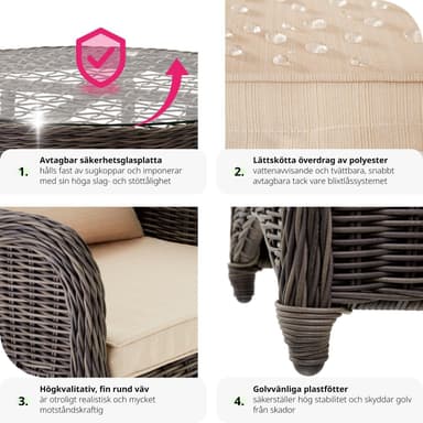 tectake Lyxig möbelgrupp i konstrotting med 3 fåtöljer och bord - grå