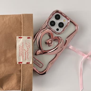 För iPhone 15 Pro Fodral Love Heart Kickstand TPU Elektropläterad Transparent Mobilfodral - Rosa