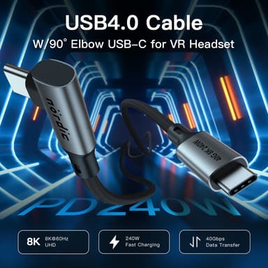 NÖRDIC vinklad 25cm USB4 USB-C till C nylonflätad kabel PD3.1 240W 40G 8K60Hz 4K144Hz grå