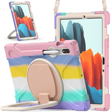 SKALO Samsung Tab S9/S9 FE Extra Stöttåligt Armor Ring Skal med Axelrem - Rainbow