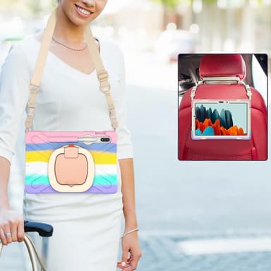 SKALO Samsung Tab S9/S9 FE Extra Stöttåligt Armor Ring Skal med Axelrem - Rainbow
