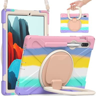 SKALO Samsung Tab S9/S9 FE Extra Stöttåligt Armor Ring Skal med Axelrem - Rainbow