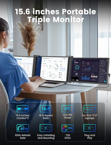 NÖRDIC Dubbla bärbara 15.6"" skärmar med teleskopstativ för bärbar dator 15-17.3"", FHD 1080P,  Mac/Windows, USB-C anslutning